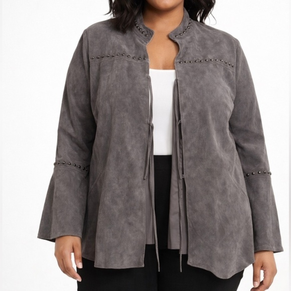 Chi by Falchi Gray Suede Leather Studded Jacket Tie-Front Western Boho 1X